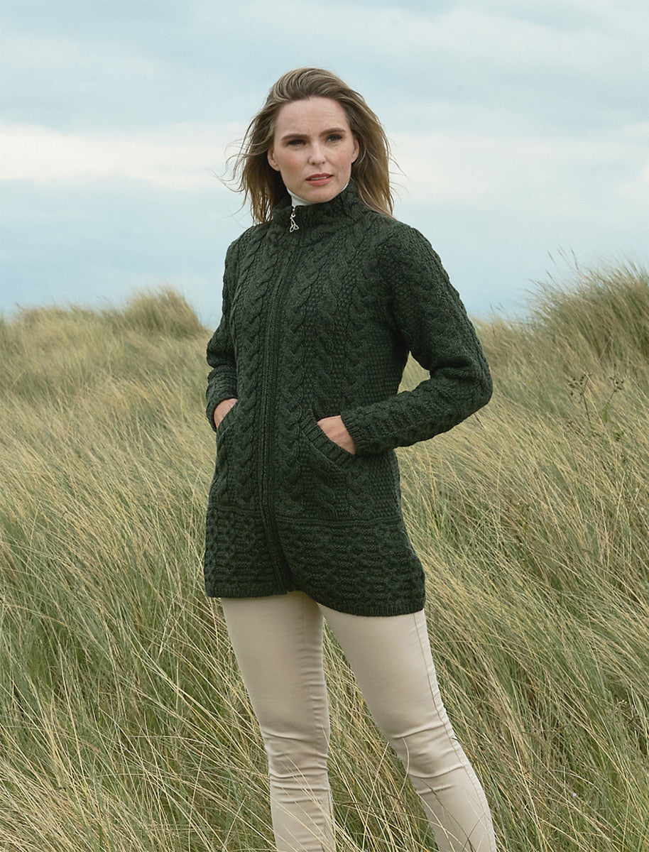 Ladies Merino Cable Design Zip Coatigan - Army Green