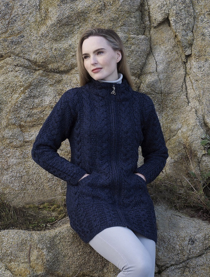 Ladies Merino Cable Design Zip Coatigan - Midnight