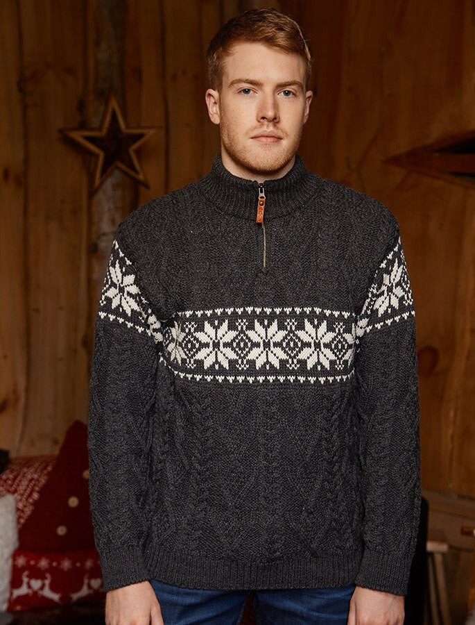 Winter Fair Isle Zip-Neck Aran Sweater - Charcoal Natural