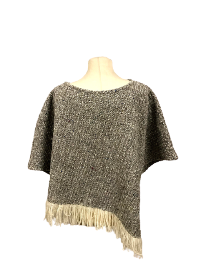 Handwoven Ladies Tweed Fringed Poncho -Granite