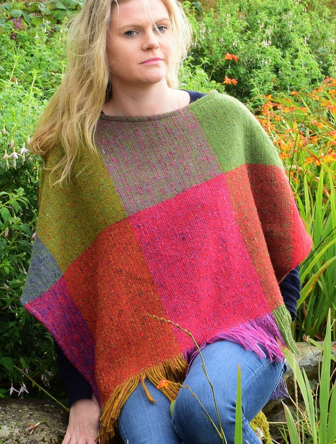 Handwoven Ladies Tweed Fringed Poncho - Carnival