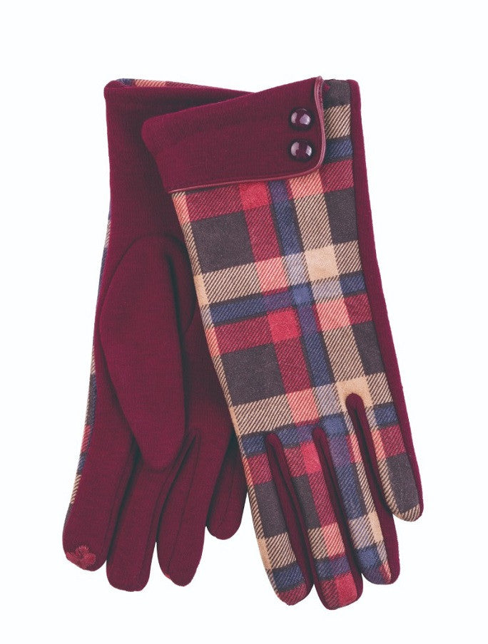 Ladies Tweed Button Cuff Gloves- Oxblood Check