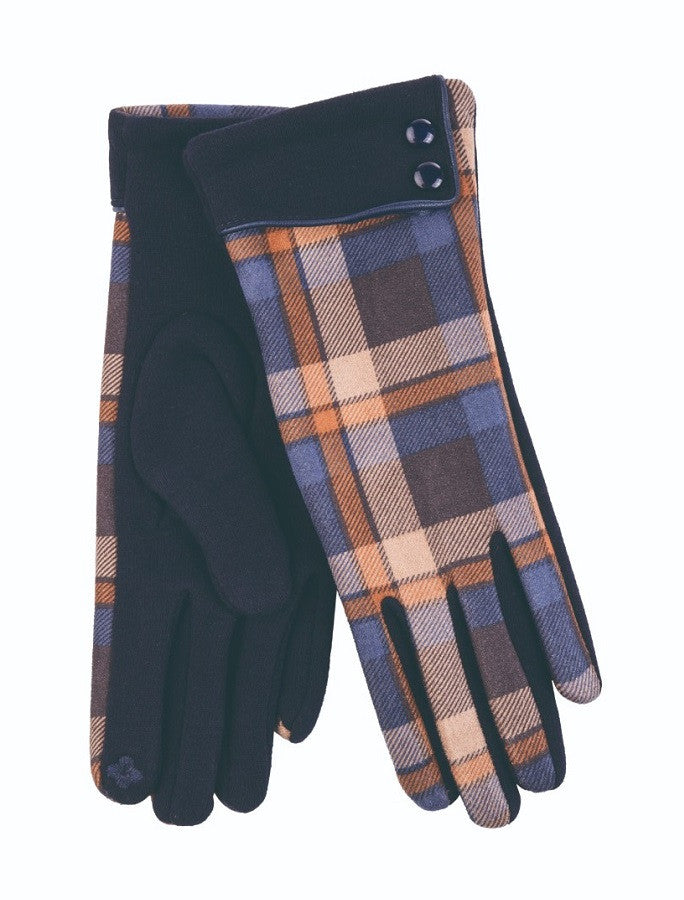 Ladies Tweed Button Cuff Gloves- Navy Check