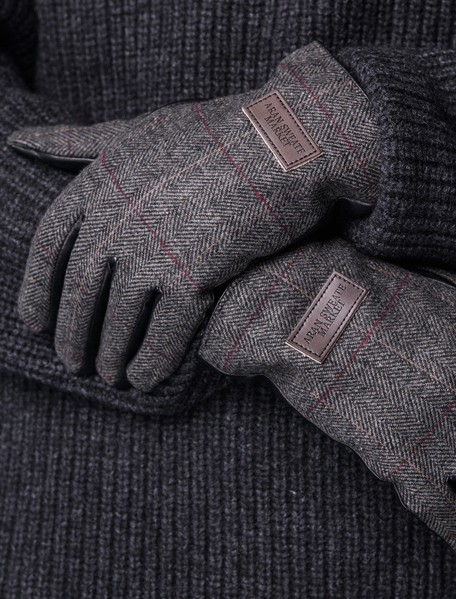 Mens Tweed Gloves - Grey Herringbone