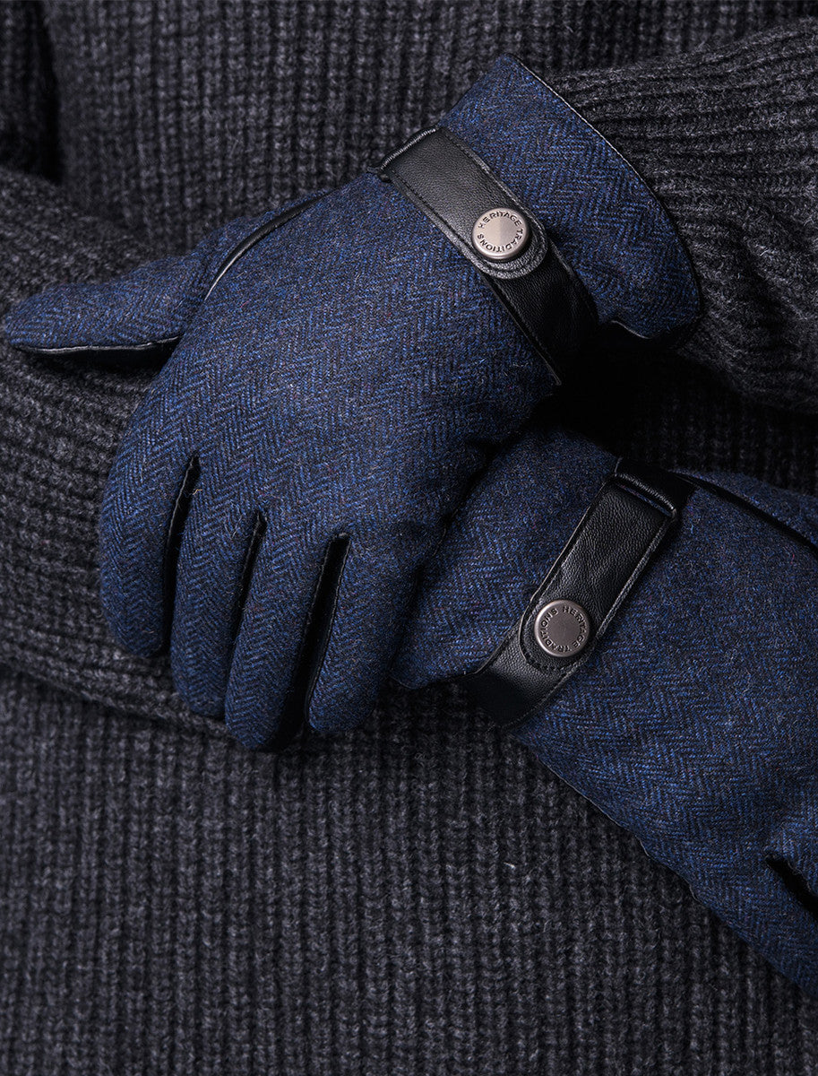 Mens Tweed Stud Gloves - Navy Herringbone