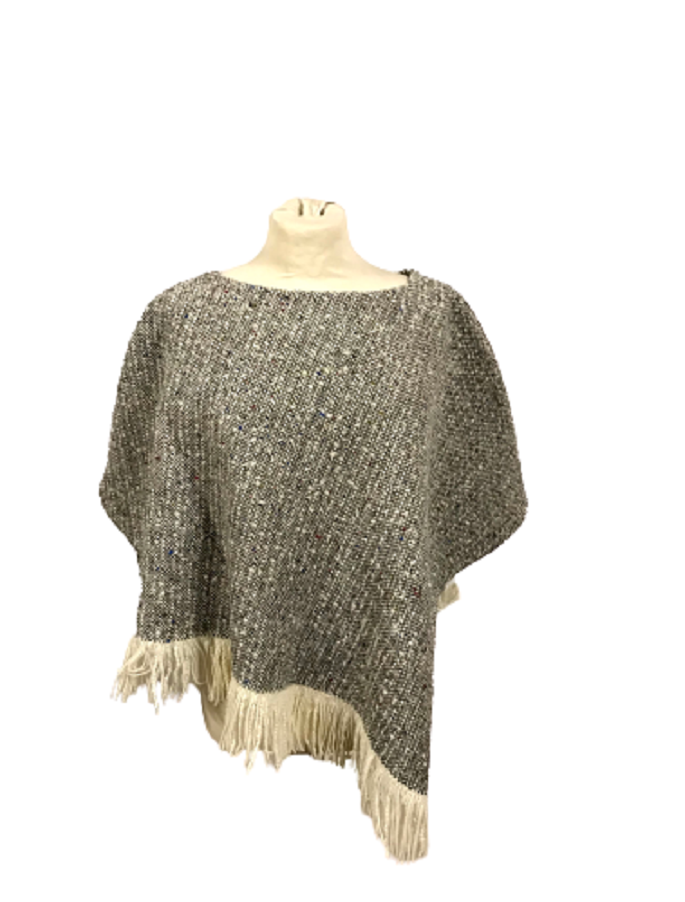 Handwoven Ladies Tweed Fringed Poncho -Granite