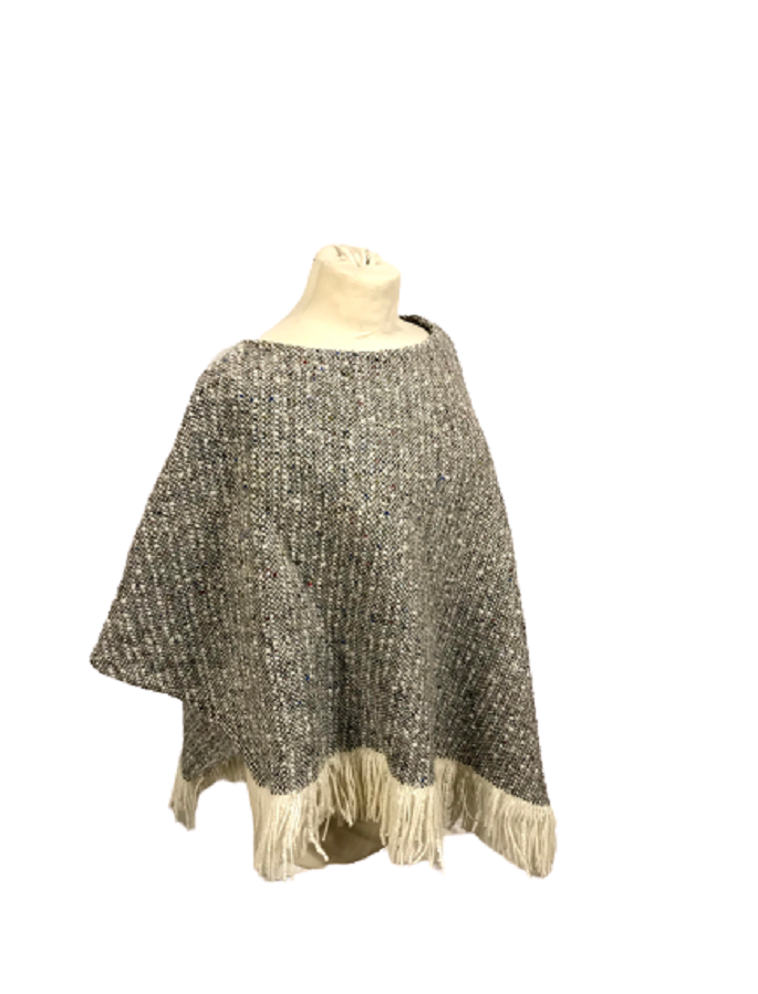 Handwoven Ladies Tweed Fringed Poncho -Granite