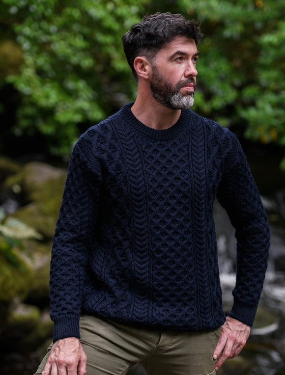 Heavyweight Merino Wool Aran Sweater - Navy