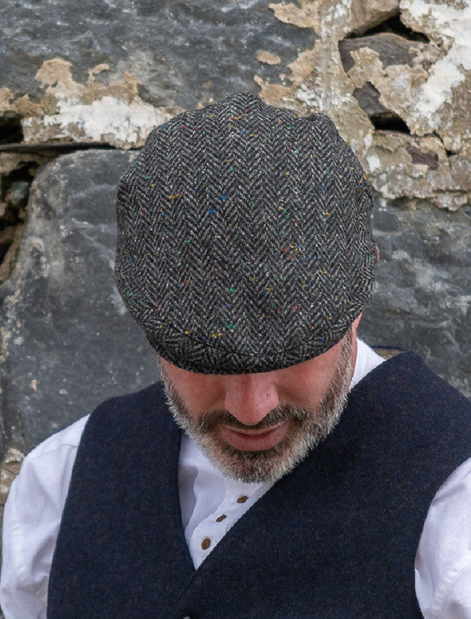 Tweed Herringbone Flat Cap - Charcoal