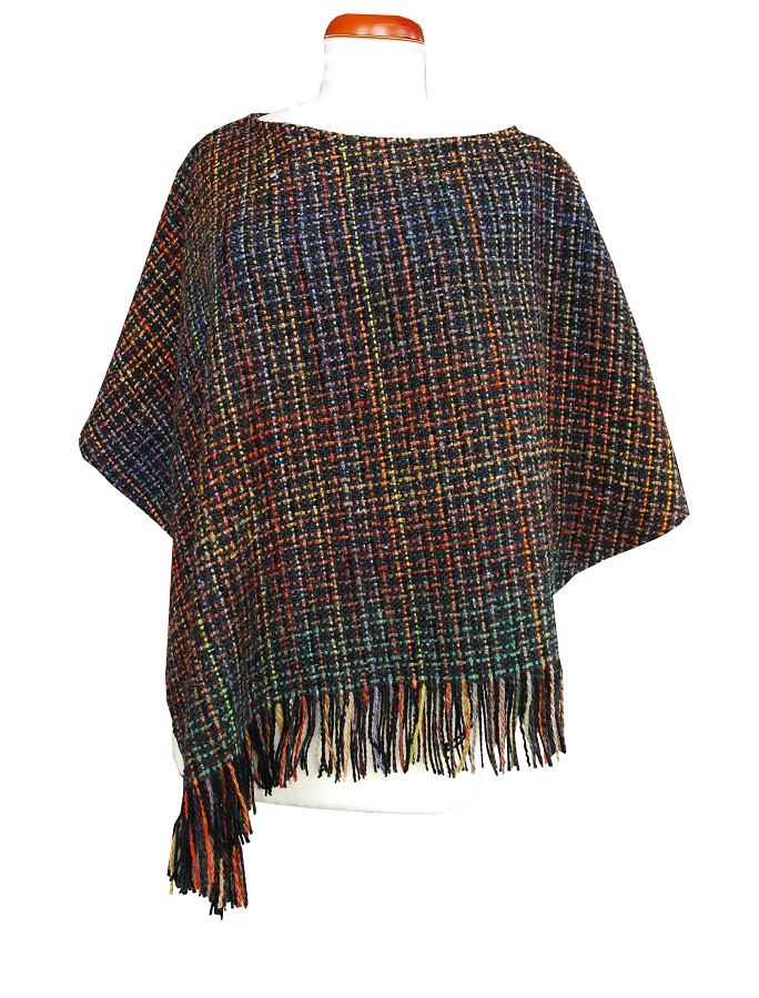 Handwoven Ladies Tweed Fringed Poncho - Homespun Check