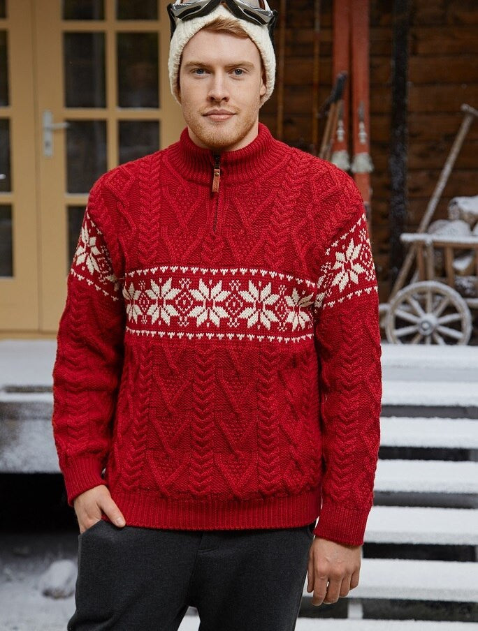 Winter Fair Isle Zip-Neck Aran Sweater -Cherry Natural