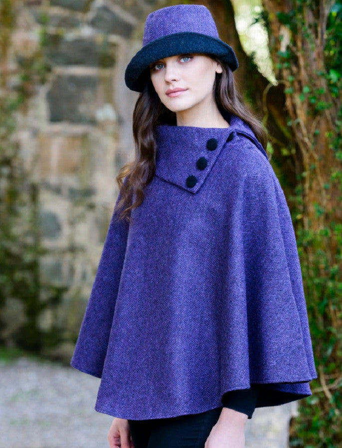 Mucros Tweed Poncho - Purple Herringbone