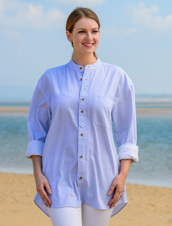 Heavyweight Grandfather Shirt - Blue Pin Stripe- Unisex