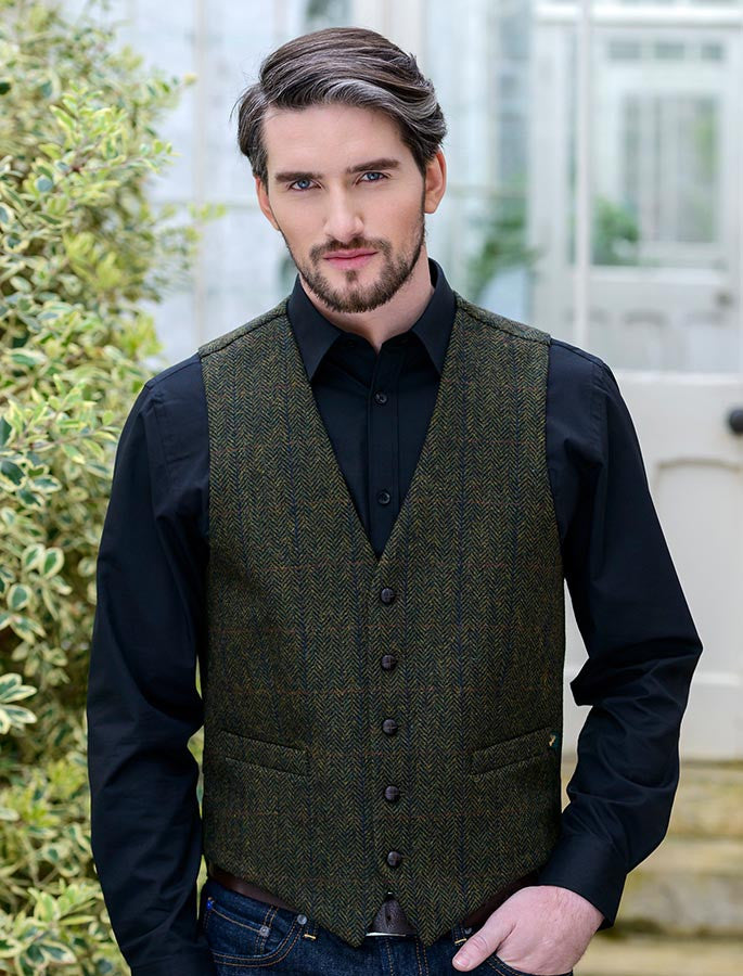 Irish Tweed Herringbone Waistcoat - Forest Green