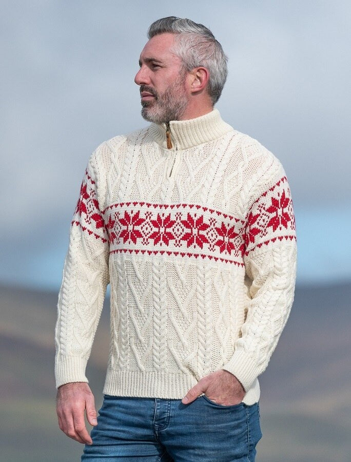 Winter Fair Isle Zip-Neck Aran Sweater - Natural Cherry