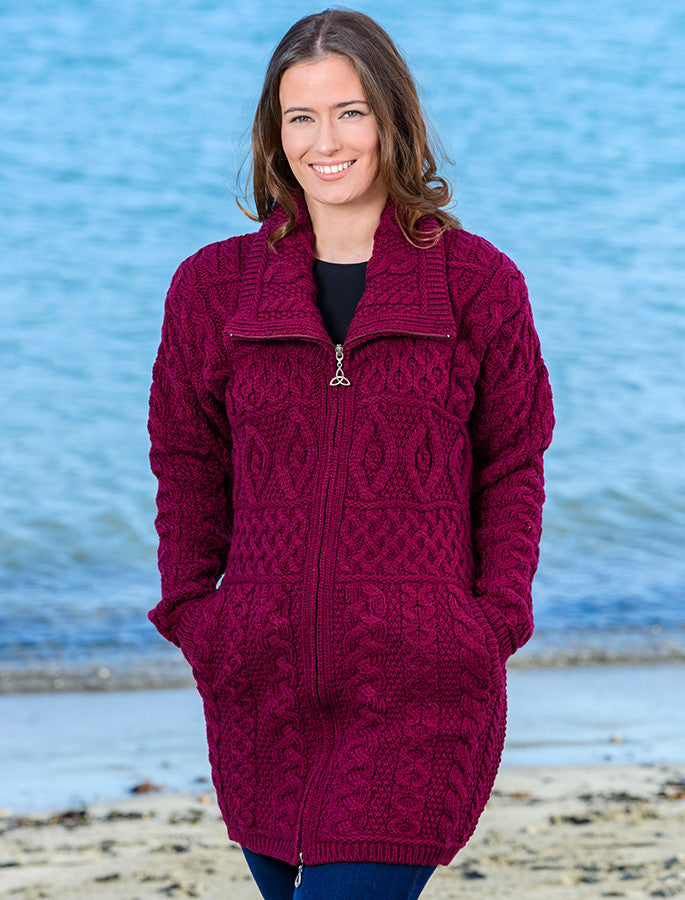 Double Collar Merino Aran Coat - Wine