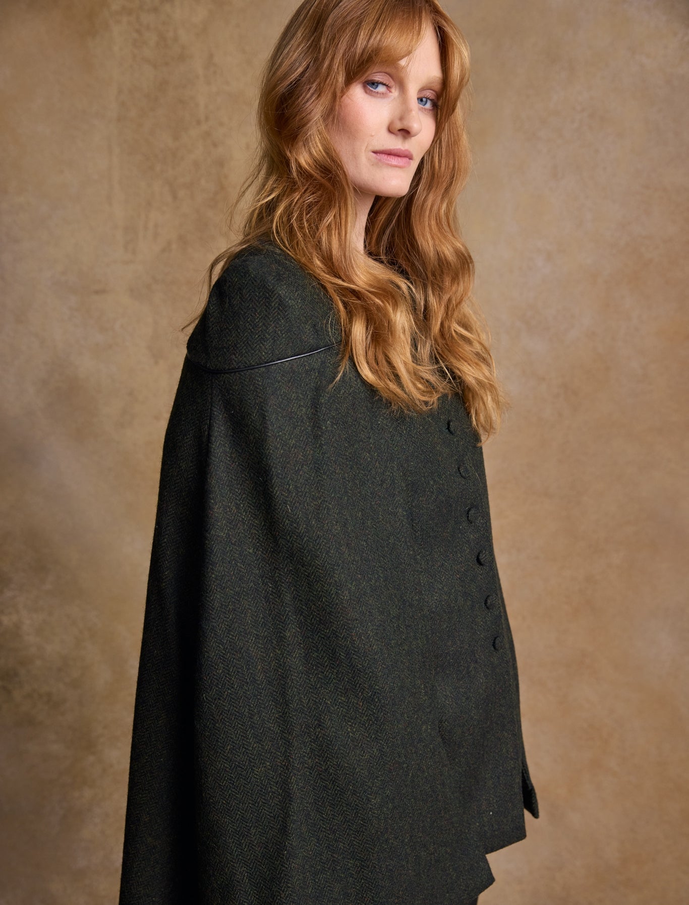 Aisling Tailored Tweed & Leather Cape - Winning Green Herringbone