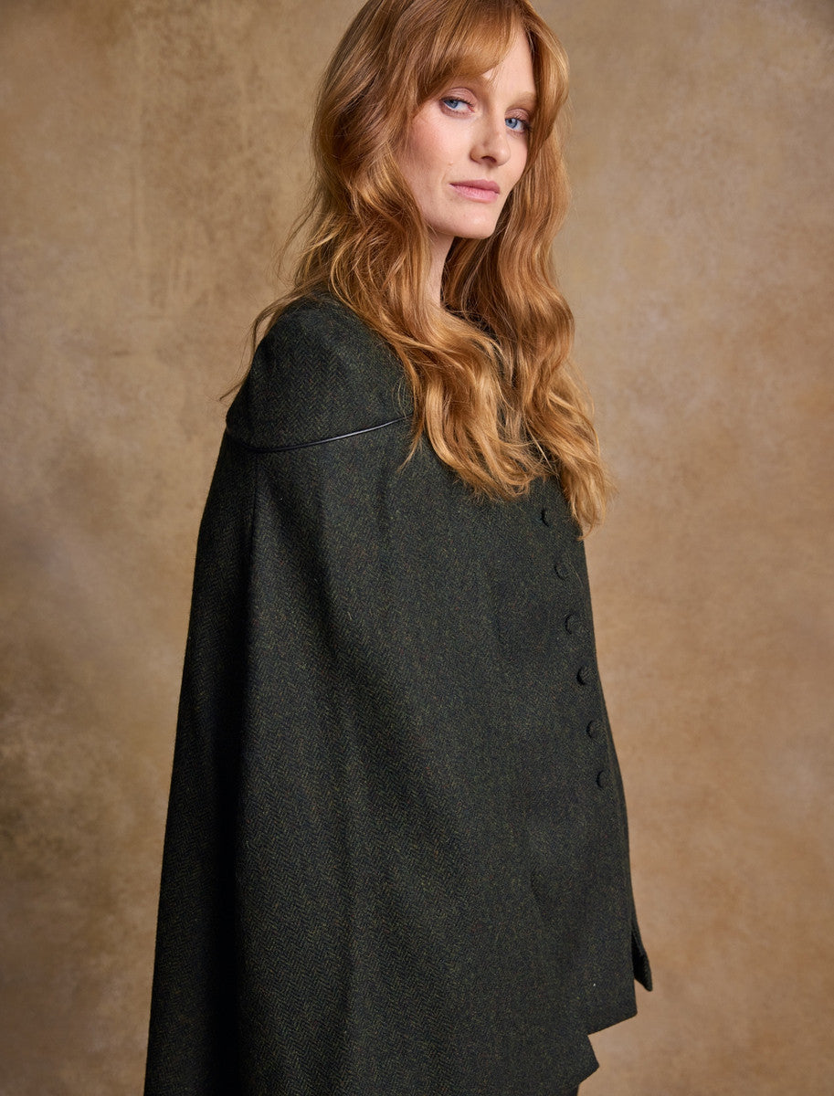 Aisling Tailored Tweed Cape - Winning Green Herringbone 