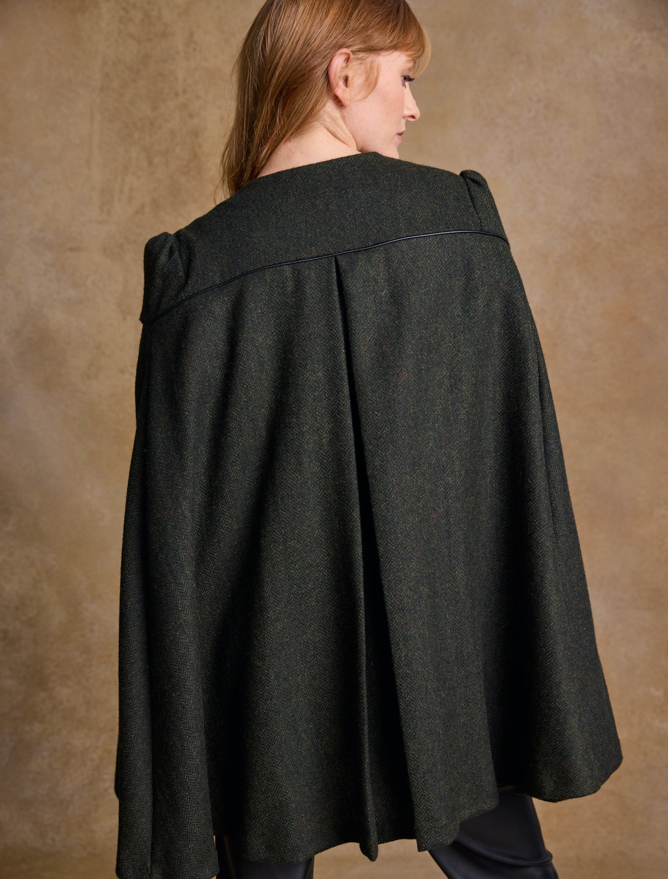 Aisling Tailored Tweed & Leather Cape - Winning Green Herringbone