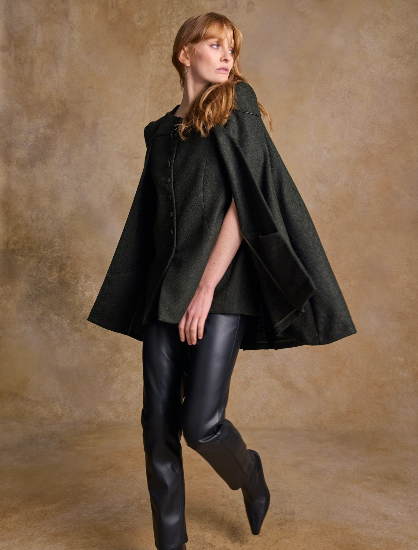 Aisling Tailored Tweed & Leather Cape - Winning Green Herringbone