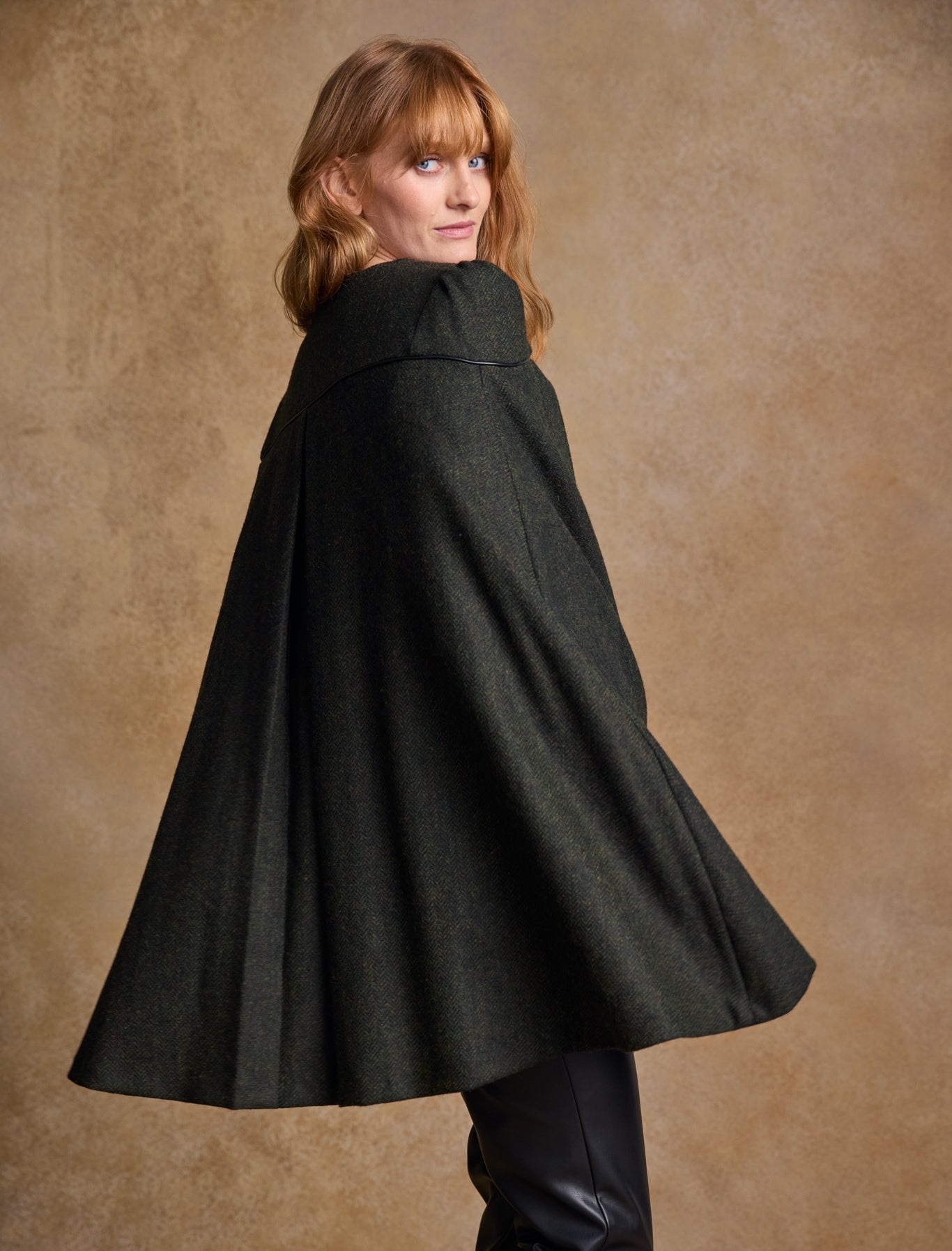 Aisling Tailored Tweed & Leather Cape - Winning Green Herringbone