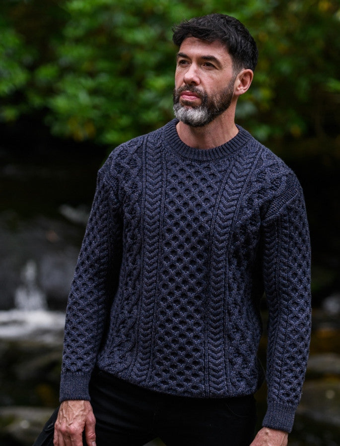 Heavyweight Merino Wool Aran Sweater - Navy Marl 