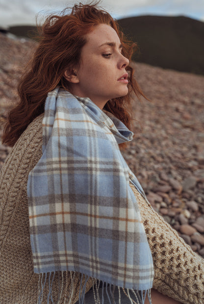 Fine Merino Plaid Scarf - Light Blue Grey