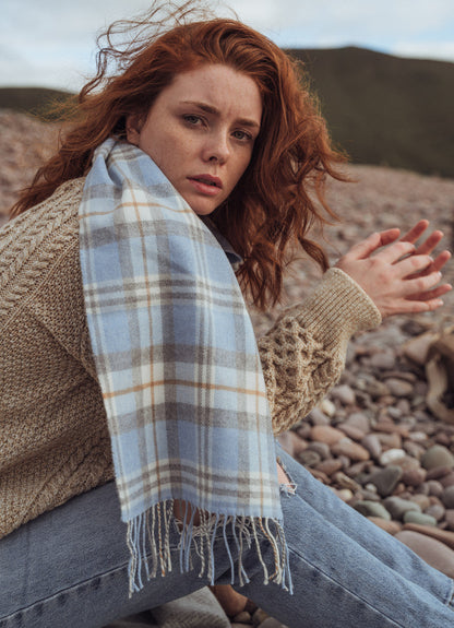 Fine Merino Plaid Scarf - Light Blue Grey