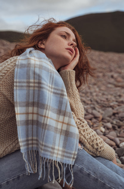 Fine Merino Plaid Scarf - Light Blue Grey