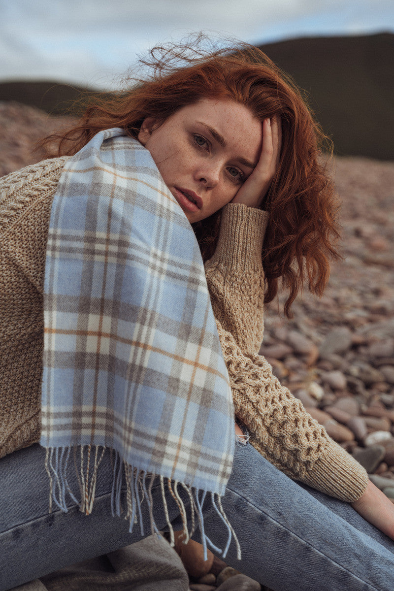Fine Merino Plaid Scarf - Light Blue Grey
