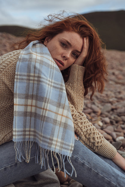Fine Merino Plaid Scarf - Light Blue Grey