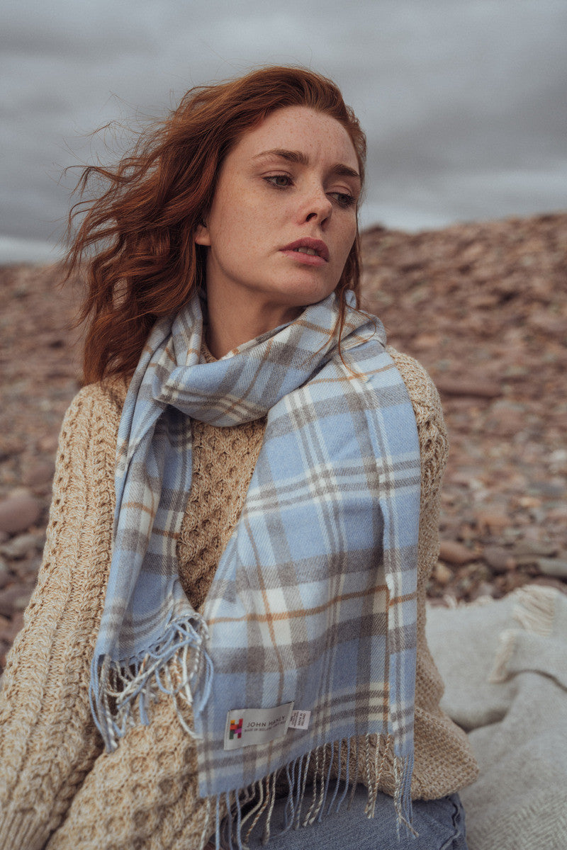 Fine Merino Plaid Scarf - Light Blue Grey