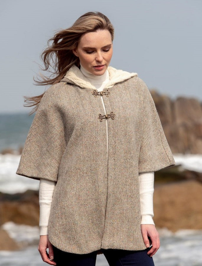 Donegal Tweed Cape with Aran Collar - Natural 