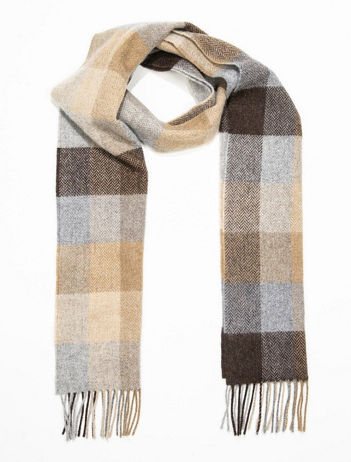 Narrow Lambswool Checked Scarf -Beige Brown &amp; Grey Plaid 