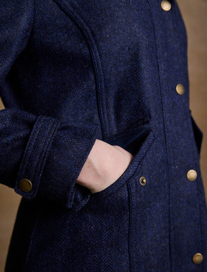 Julia Long Tweed Coat - Navy Herringbone 