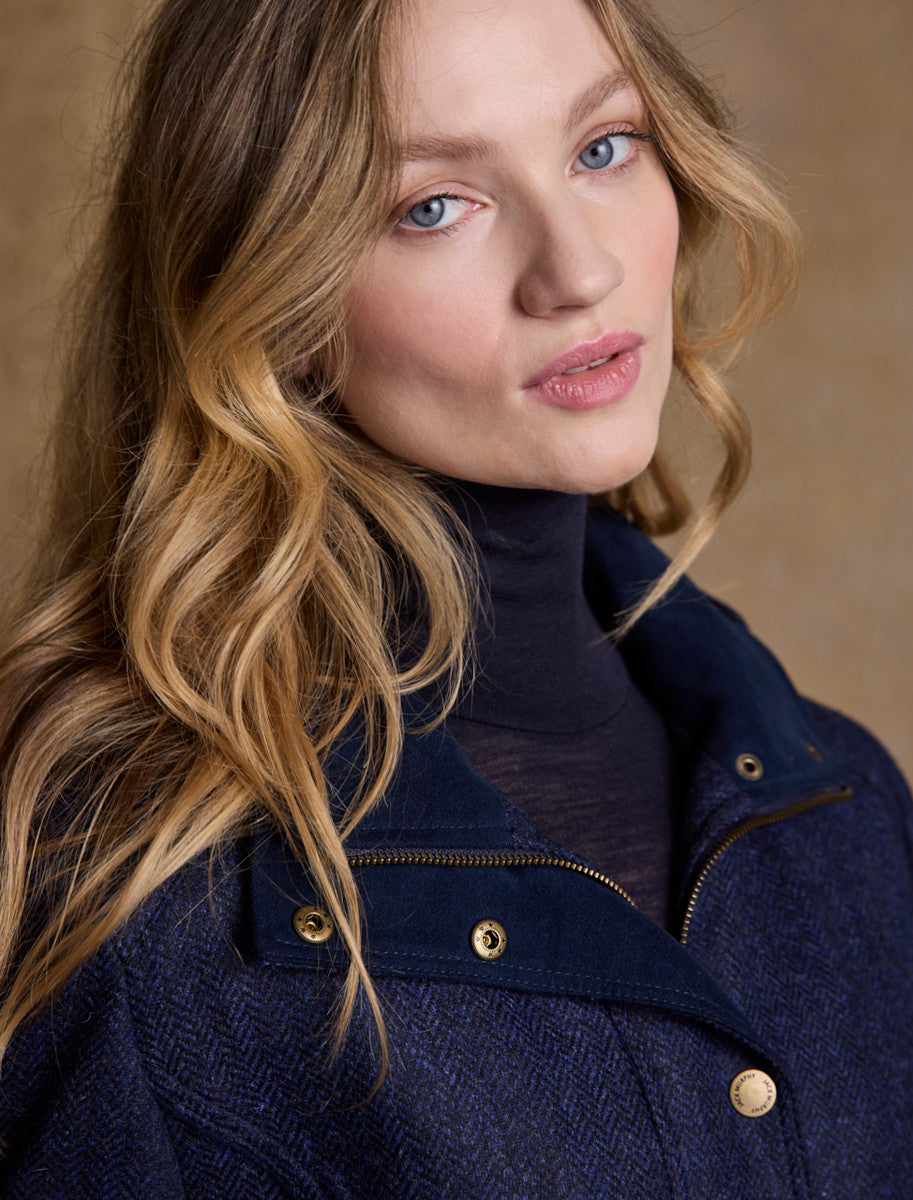 Julia Long Tweed Coat - Navy Herringbone 