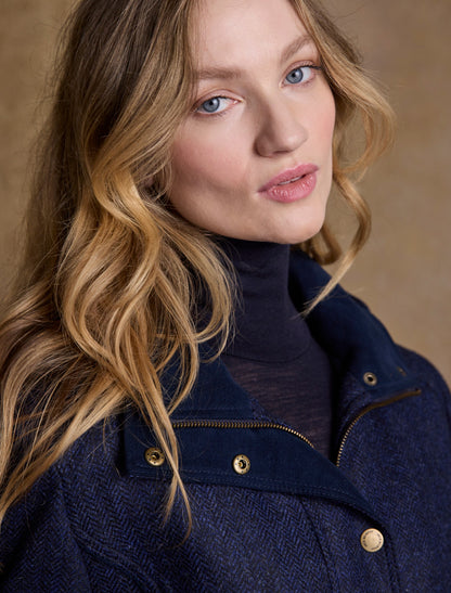 Julia Long Tweed Coat - Navy Herringbone 