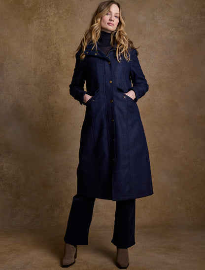 Julia Long Tweed Coat Navy Herringbone Weavers Of Ireland