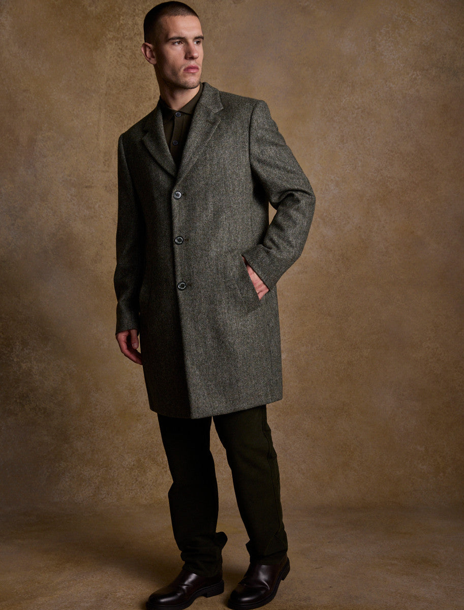 Owen Tweed 3/4 Coat - Olive Wide Herringbone 