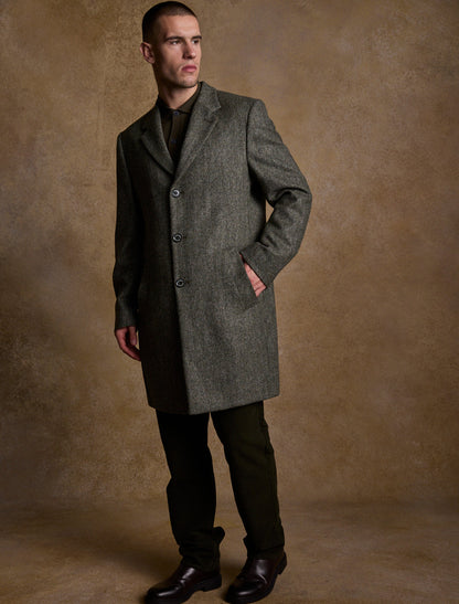 Owen Tweed 3/4 Coat - Olive Wide Herringbone 