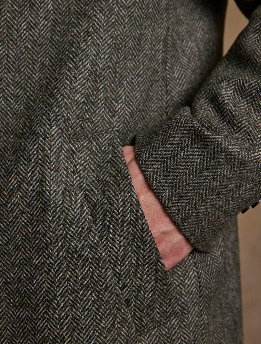 Owen Tweed 3/4 Coat - Olive Wide Herringbone 