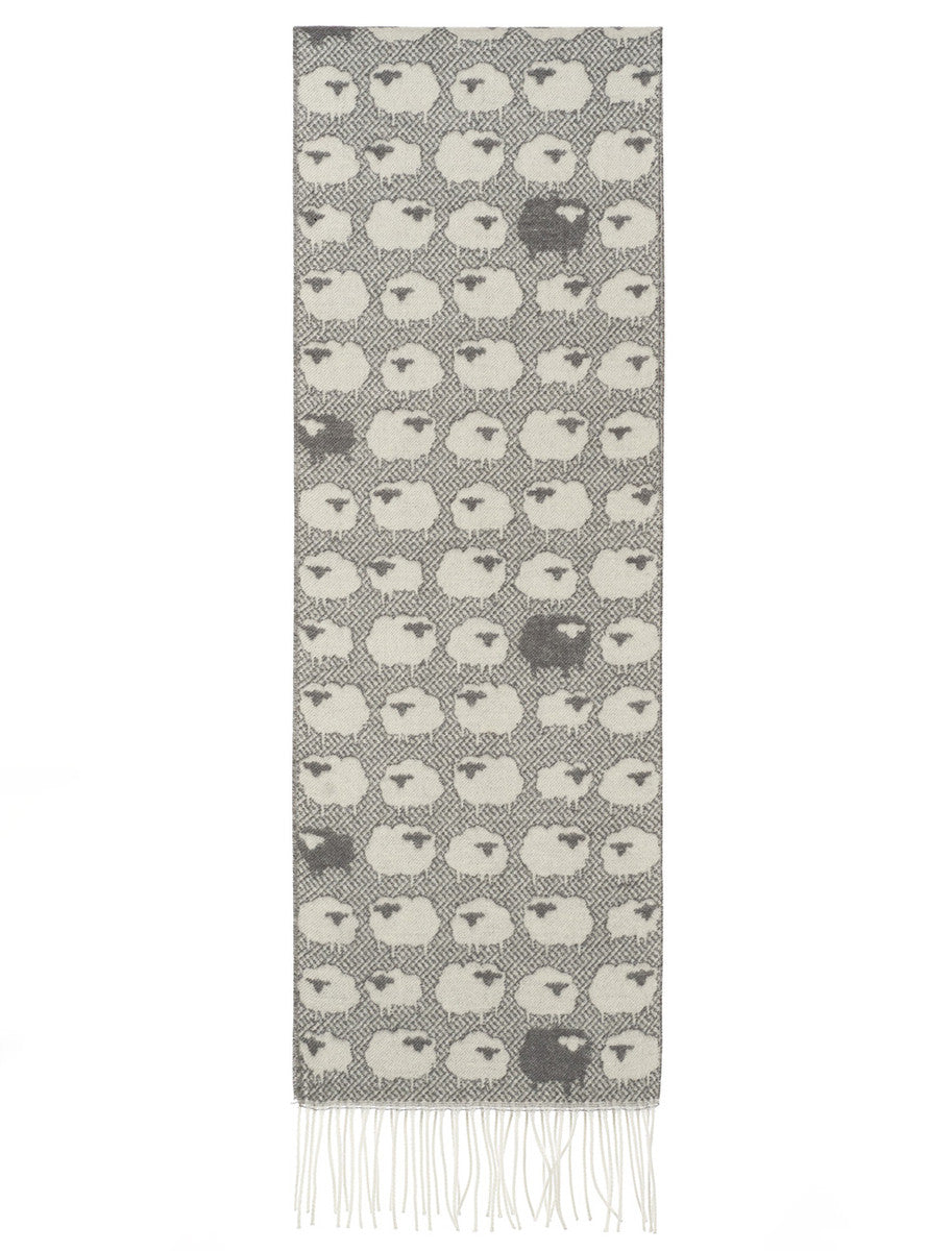 Soft Sheep Motif Fringed Scarf - White Grey 