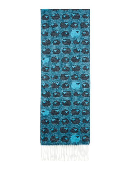 Soft Sheep Motif Fringed Scarf - Blue 