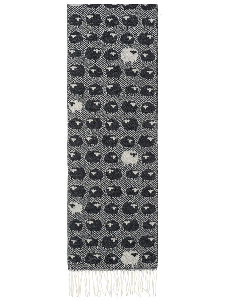 Soft Sheep Motif Fringed Scarf - Black Charcoal 