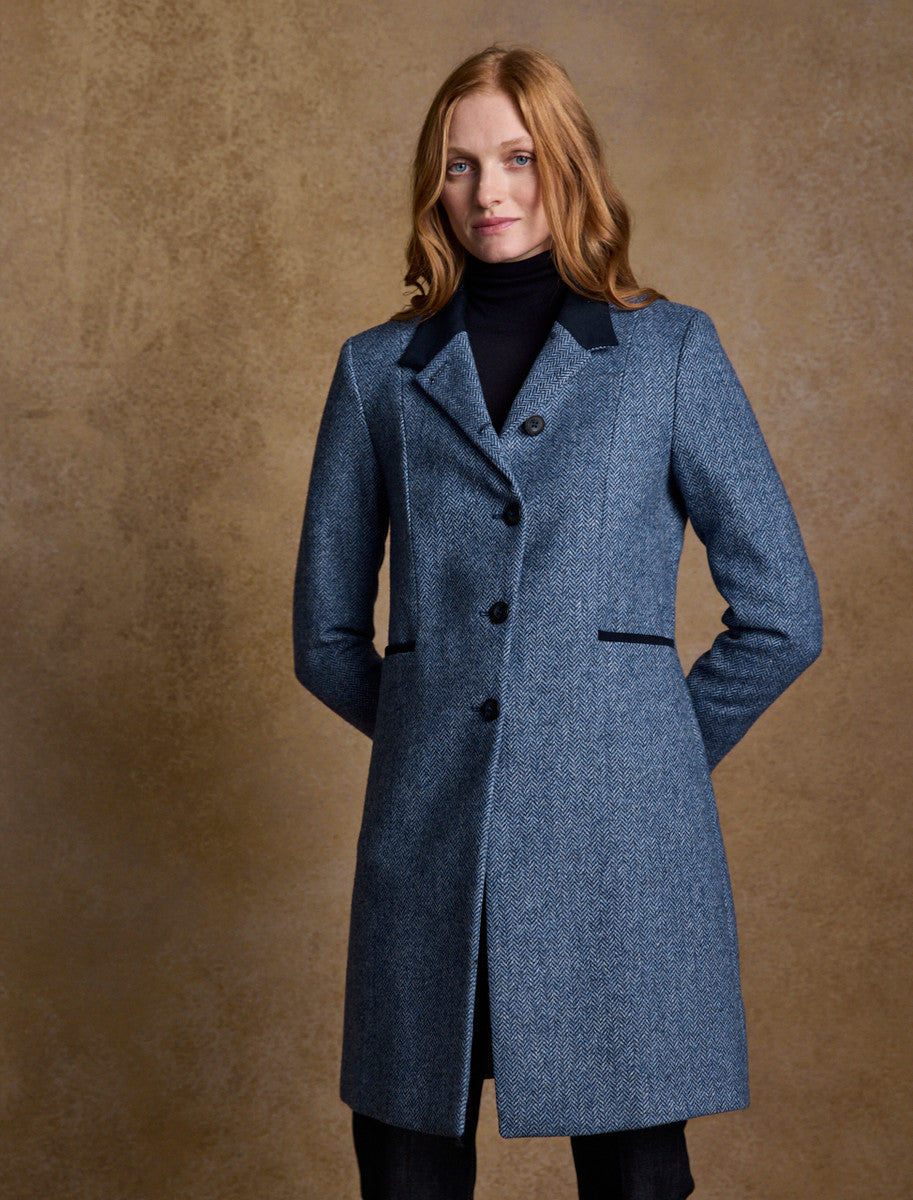 Isabella Tweed Coat - Light Blue Herringbone 