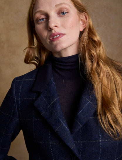 Fran Classic Long Tweed Coat - Navy Check 