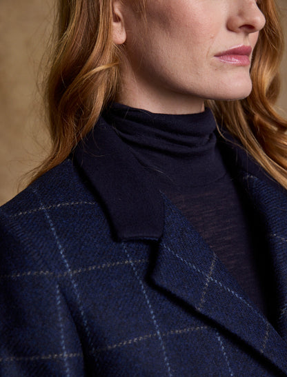 Fran Classic Long Tweed Coat - Navy Check 