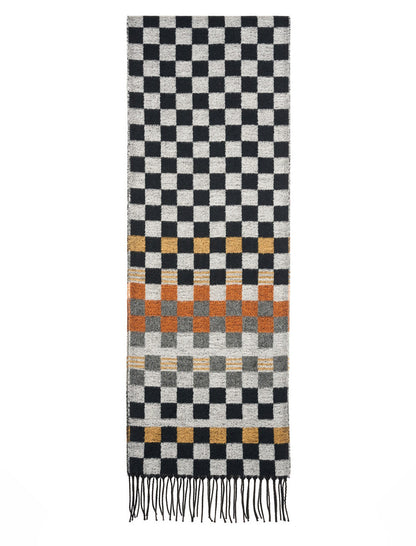 Soft Motif Fringed Scarf - Black White &amp; Tan