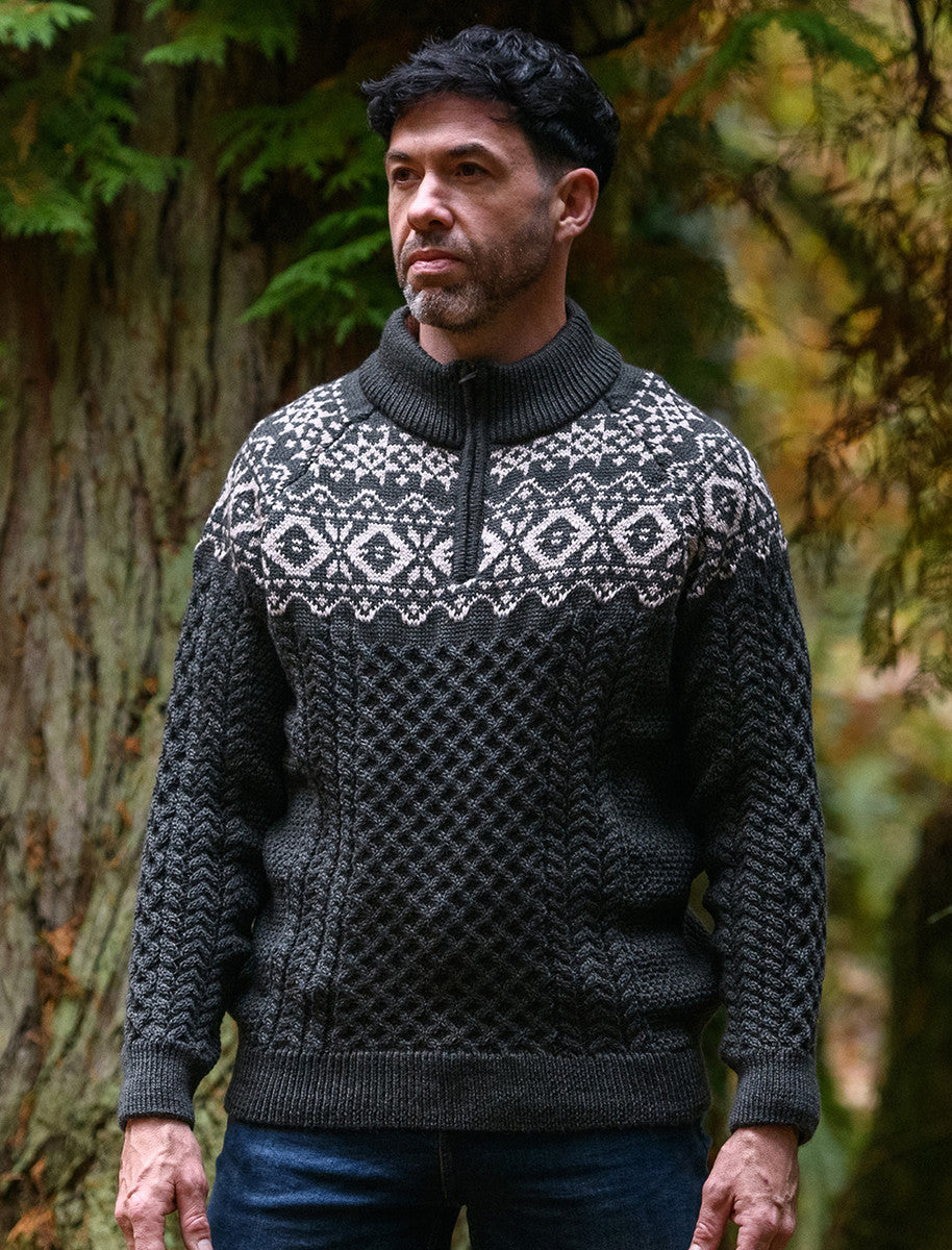 Aran Half-Zip Jacquard Sweater - Army Green 