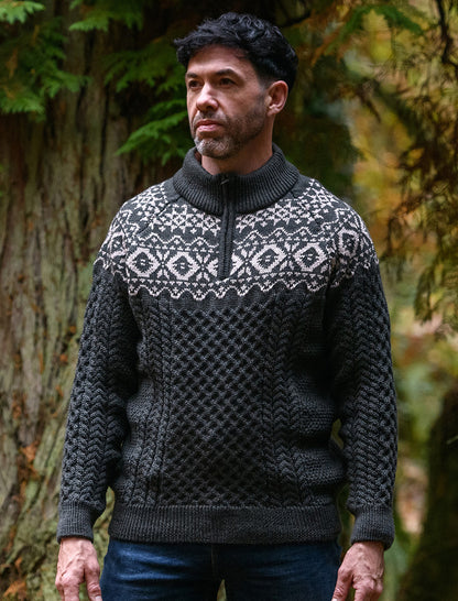 Aran Half-Zip Jacquard Sweater - Army Green 